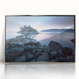 Mid-century modernist art depicting a serene British Columbia landscape in muted green and blue tones.