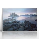 Art deco poster of British Columbia scenery in muted green and blue tones, framed acrylic, ideal for modern art wall decor.