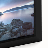 Close-up of textured black wall art depicting a scenic British Columbia landscape on a framed canvas.