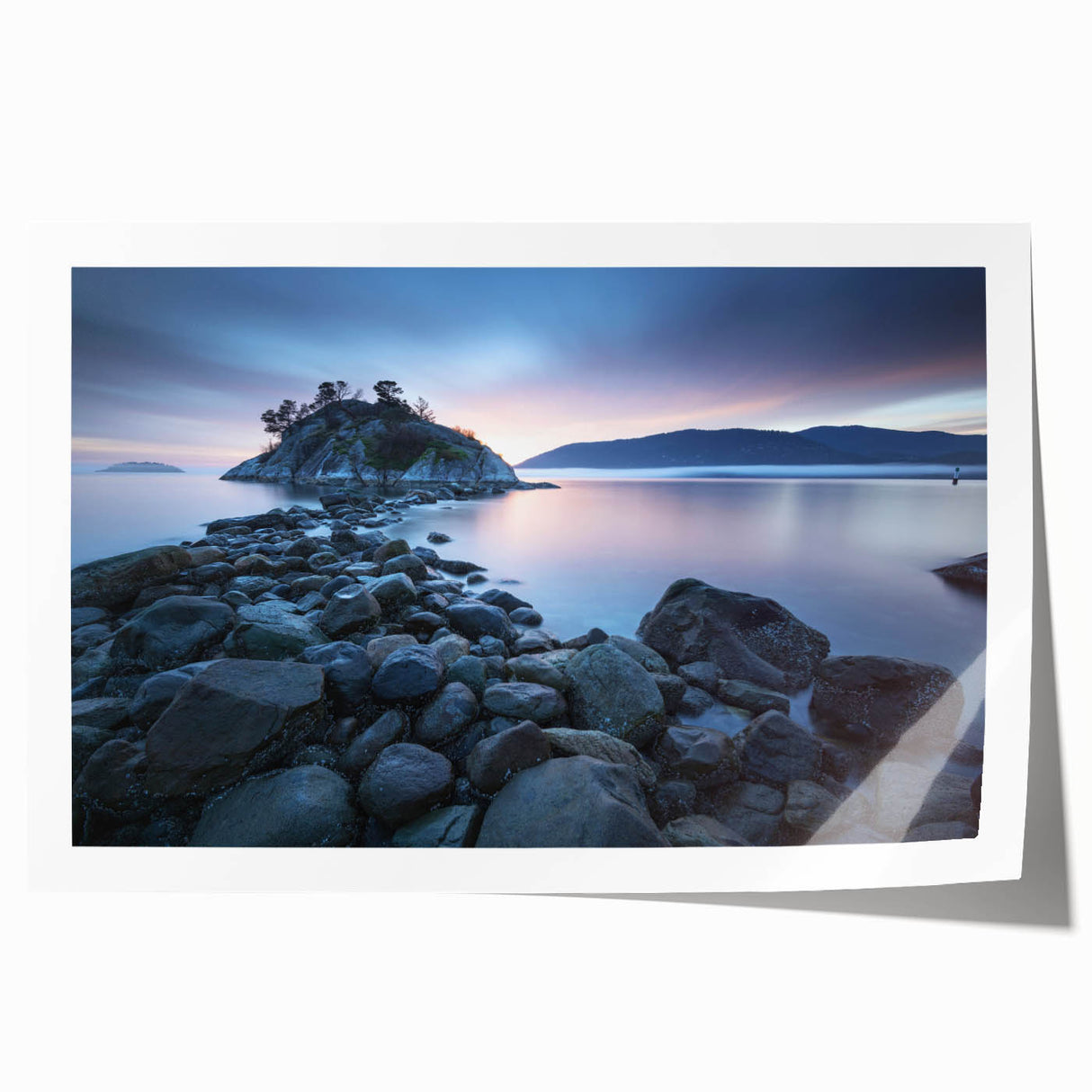 Landscape print of British Columbia scenery in soft green and blue tones on rolled canvas, suitable as art wall dining room.