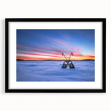 Extra large abstract art print of a textured, colorful Canadian scenery, in a black frame with mat.