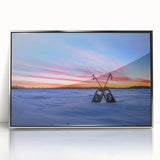 Mid-century modernist acrylic print of Manitoba scenery in silver frame, ideal for nursery wall art.