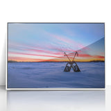 Acrylic print of a serene Manitoba landscape, framed in white, perfect for modern nursery wall decor.