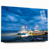 Acrylic print of a large abstract depiction of New Brunswick scenery in cool blue and green tones.