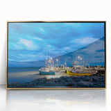 Acrylic print of New Brunswick scenery in gold frame, featuring mid-century modernist style.