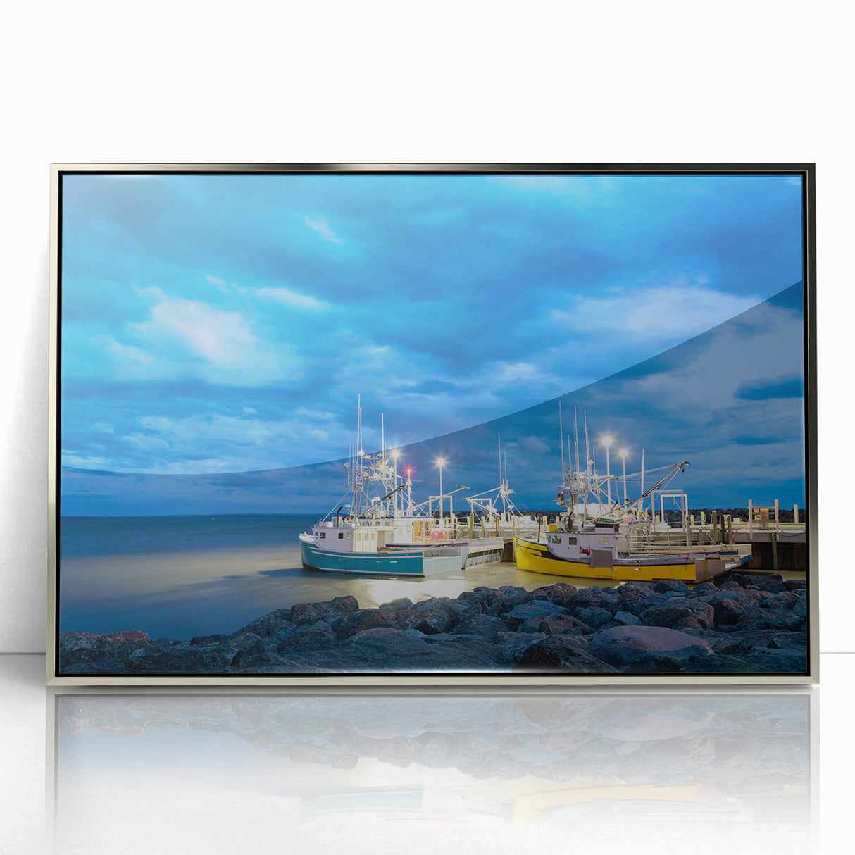 Mid-century modernist art depicting New Brunswick scenery in muted earth tones on a silver-framed acrylic print.
