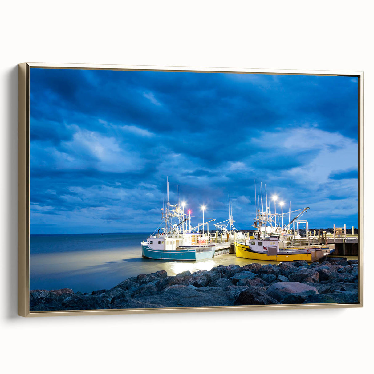 Framed canvas depicting a vintage-style landscape of New Brunswick in black and gold tones, ideal for bedroom wall art.