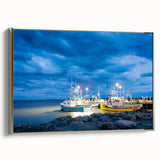 Landscape art painting of New Brunswick scenery on a framed canvas, featuring muted earth tones and a vintage poster style.