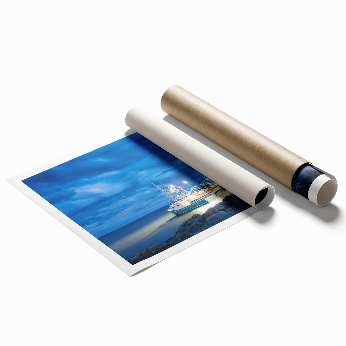 Rolled print of New Brunswick scenery with soft floral designs in muted tones, ideal for classy bathroom wall art.