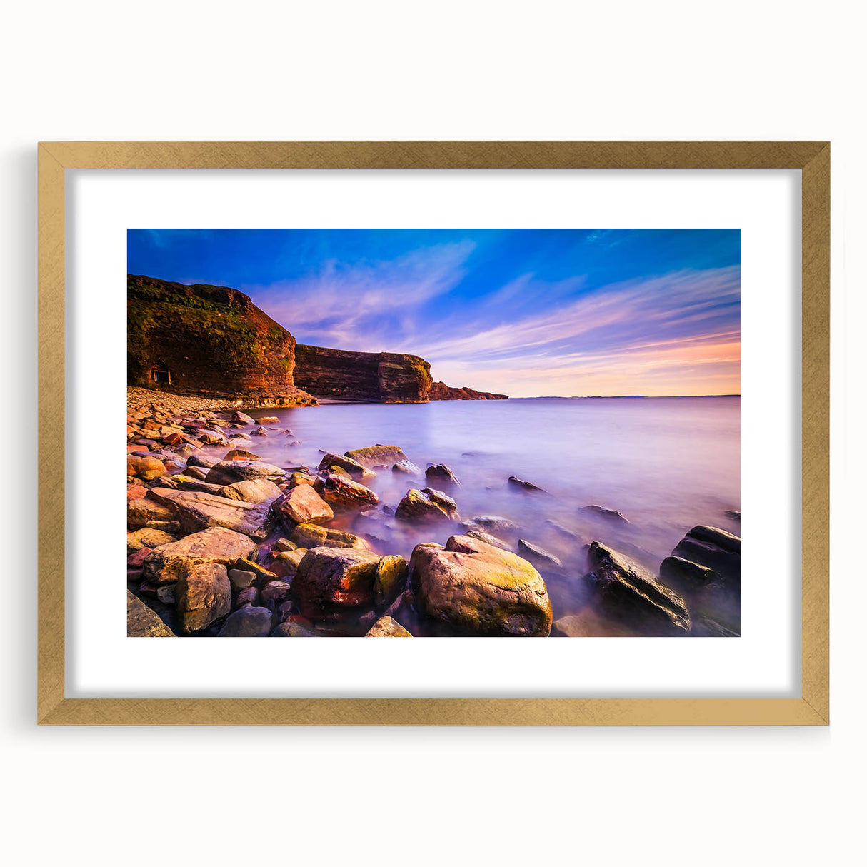 Extra large framed wall art featuring an abstract textured depiction of Newfoundland scenery in muted earth tones.