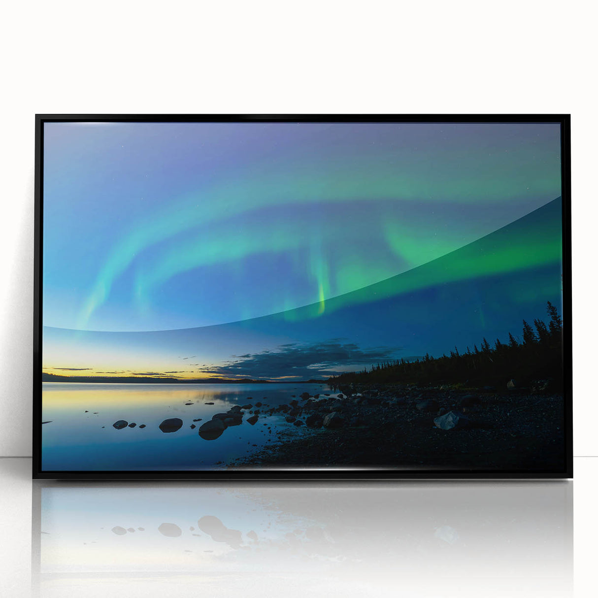 Large abstract wall art depicting the Northwest Territories in muted earth tones, framed in black acrylic.