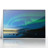 Acrylic print of a serene Northwest Territories landscape in subdued blues and greens, framed in white.