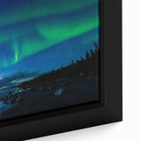 Close-up of a vintage poster art depicting the Northwest Territories on a framed canvas.