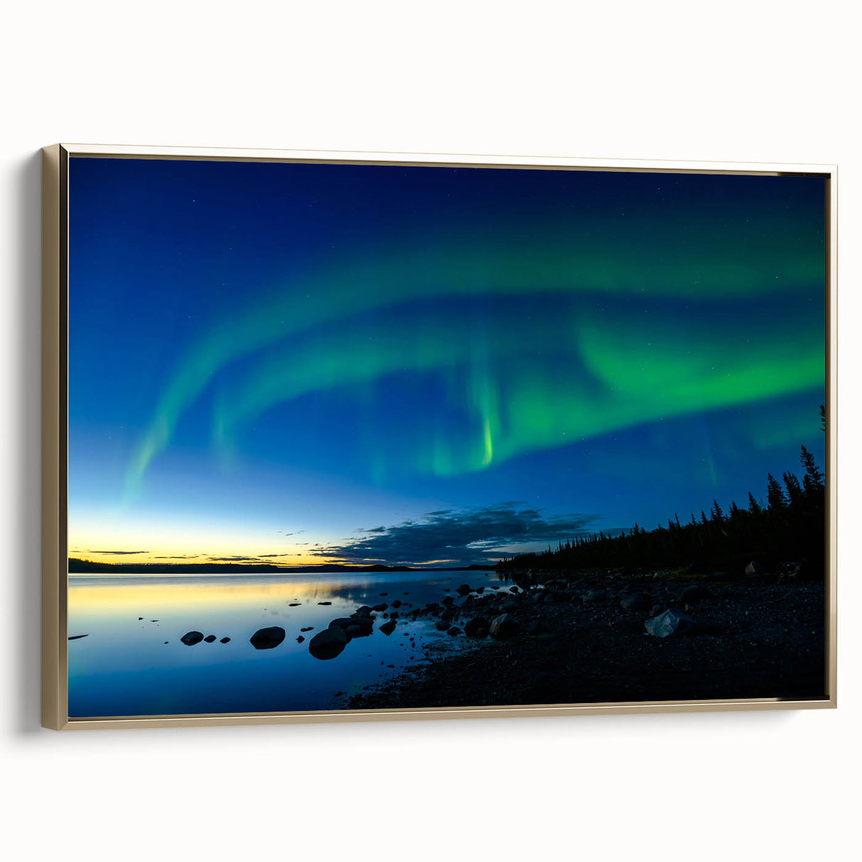 Framed canvas featuring a vintage-style landscape painting of the Northwest Territories, with muted earth tones.