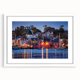 Abstract art print of Nova Scotia scenery in muted blue and green tones, framed with white mat, ideal for dining room decor.