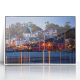 Acrylic print of Nova Scotia scenery, framed in white, in art deco style, suitable for modern nursery decor.