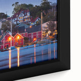 Framed canvas depicting a textured, colorful Nova Scotia scenery in black with vibrant accents, ideal for living room decor.