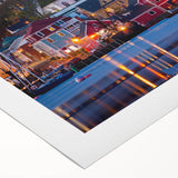 Art deco poster of Nova Scotia scenery in muted blue and green tones on rolled canvas, suitable for dining room wall art.