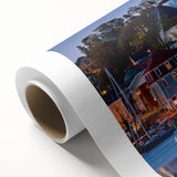 Art deco poster of Nova Scotia scenery in soft pastel colors on rolled canvas, ideal for nursery wall art.