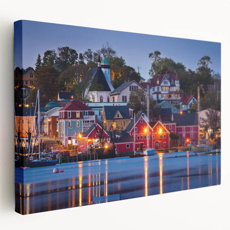 Stretched canvas depicting a serene Nova Scotia landscape in muted green and blue tones, ideal for kitchen wall art.