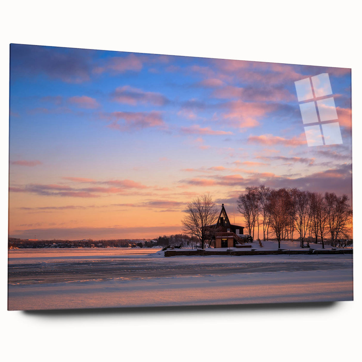 Large abstract wall art of Ontario scenery in muted earth tones on acrylic glass, ideal for bedroom or dining room decor.