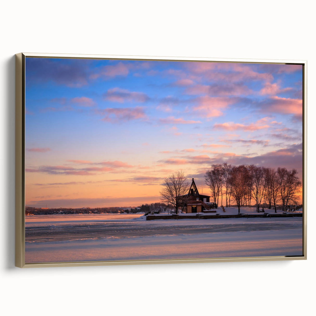 Framed canvas depicting a vintage-style Ontario landscape in muted gold and black, ideal for bedroom wall art.