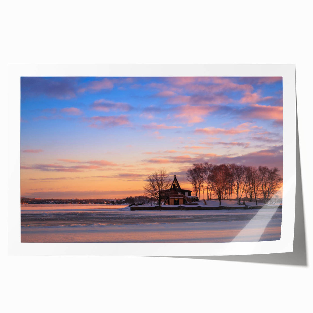 Rolled print of Ontario scenery with vibrant green and soft blue hues, ideal for art wall dining room.