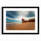 Abstract art print depicting a colorful, textured scenery of Prince Edward, Canada, in a black frame with mat.