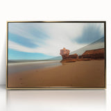 Framed acrylic print of Prince Edward Island with soft gold and blue tones, ideal for modern art wall decor.