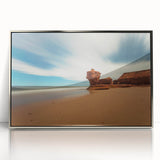 Mid-century modernist art depicting Prince Edward Island scenery in muted earth tones on a framed acrylic print.