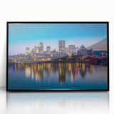 Large abstract wall art featuring a mid-century modernist depiction of Quebec scenery in muted colors.