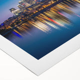 Art deco poster of Quebec scenery in muted blue tones on rolled canvas, suitable for dining room wall art.