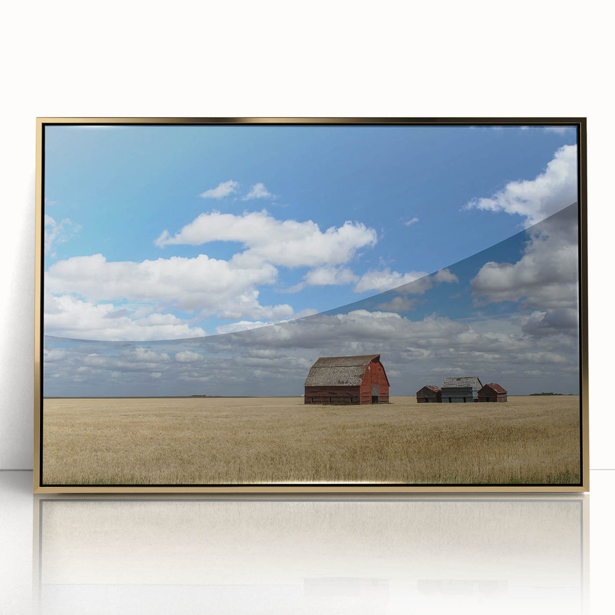 Mid-century modernist style large art print of Saskatchewan scenery in gold tones on framed acrylic.