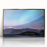 Mid-century modernist style large art print of Yukon scenery in vibrant gold and green tones, acrylic framed.