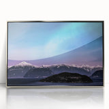 Mid-century modernist art featuring a serene Yukon landscape in cool blue tones, silver-framed acrylic print.