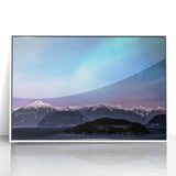 Art deco poster depicting serene Yukon scenery in muted blue and white tones, framed acrylic, suitable for nursery wall art.