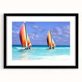 Extra large colorful abstract art print of Caribbean scenery on textured canvas, framed in black.