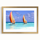 Abstract art print of Caribbean scenery in muted blue and green tones, framed in gold, suitable for dining room decor.