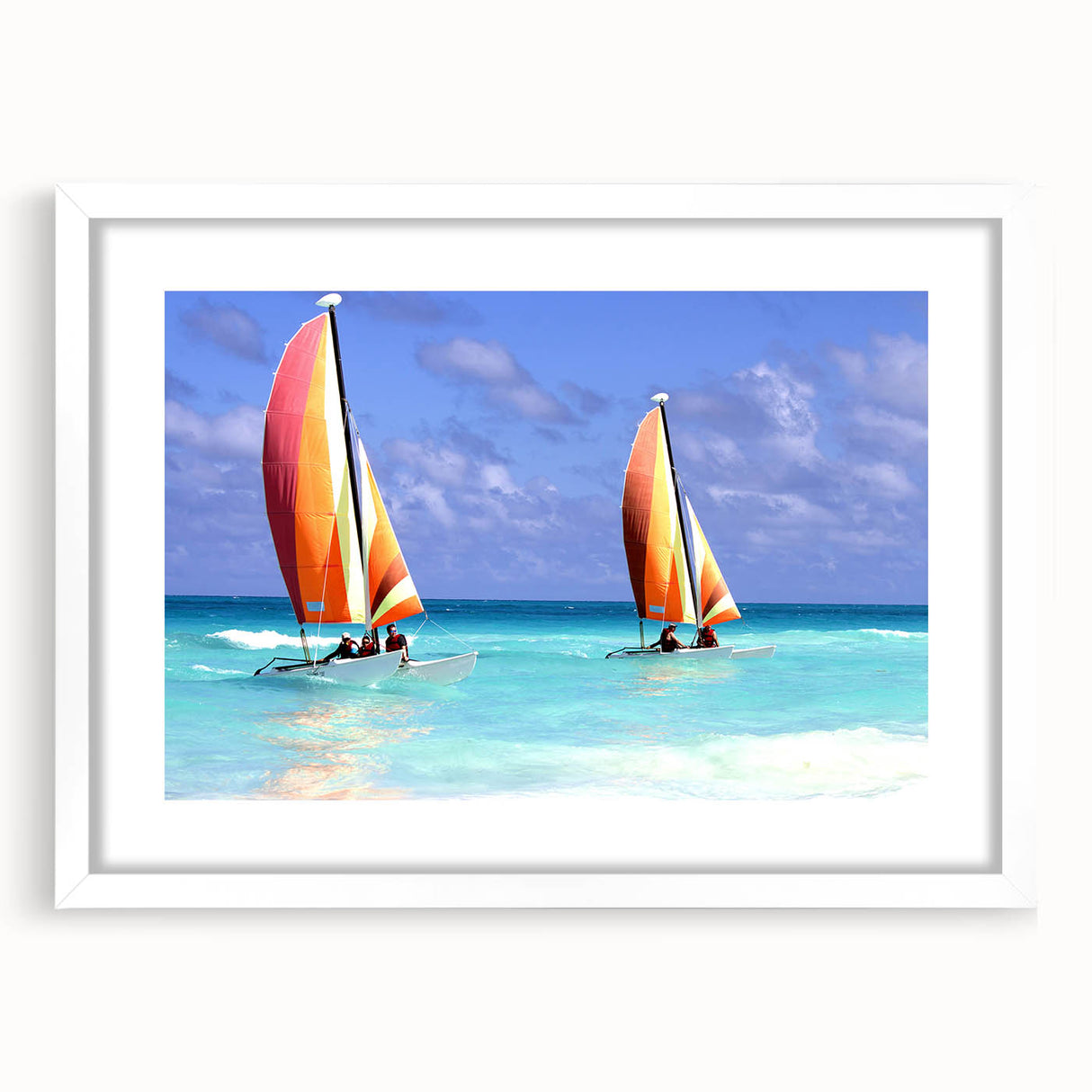 Textured abstract art print depicting Caribbean scenery in vibrant blue and green tones on a framed white mat.