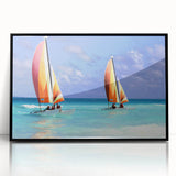 Large abstract wall art depicting Antigua's Caribbean scenery in muted blue and green tones on framed acrylic.