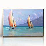 Art Deco style poster of Caribbean Antigua scenery in a gold framed acrylic, featuring soft blue and pink shades.