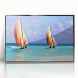 Large art print of a Caribbean Antigua scenery in mid-century modernist style on framed acrylic.