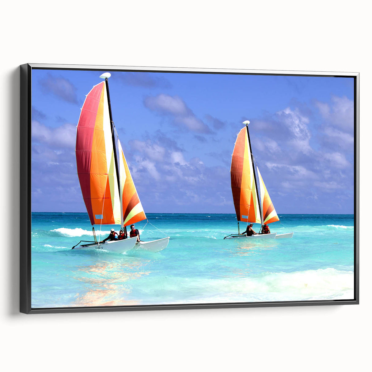 Black and white framed canvas of a vintage Caribbean landscape, ideal for bedroom wall art.