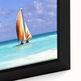 Textured black wall art depicting a Caribbean scenery in vibrant colors on a framed canvas.
