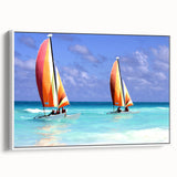 Vintage poster art of a Caribbean scene on a large framed canvas, featuring vibrant ocean blues and sunset oranges.