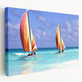 Large canvas print of the Antigua coastline in vibrant blue and green tones, suitable for kitchen wall art.