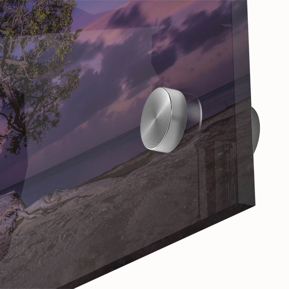 Large abstract wall art depicting a Caribbean scenery in vibrant blues and greens on acrylic glass.