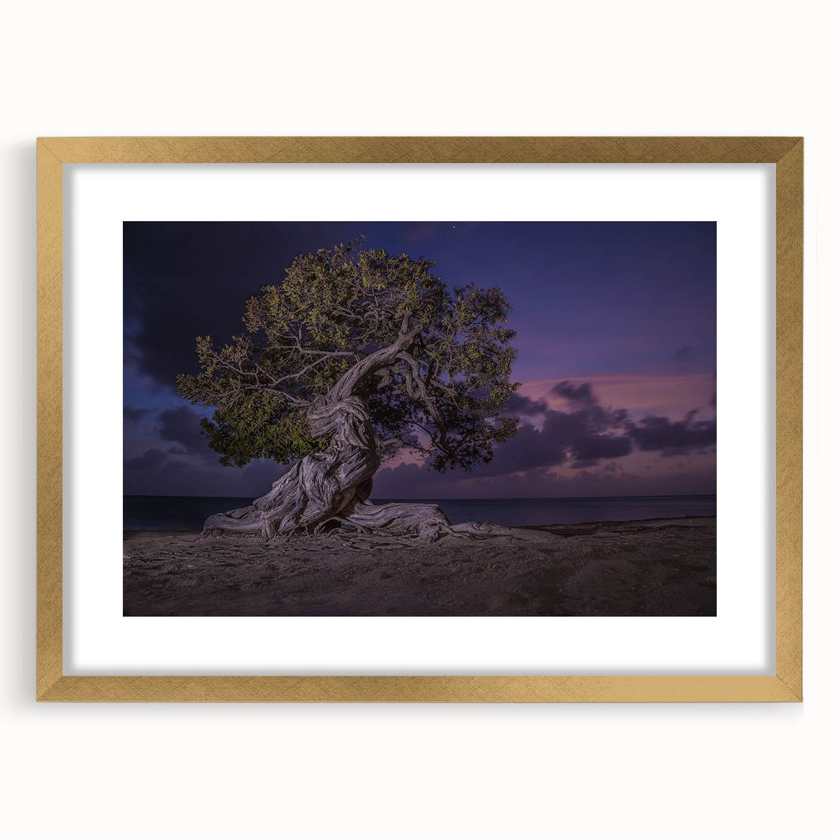 Abstract art print of a Caribbean seascape in blue and green tones on a framed canvas, ideal for dining room decor.