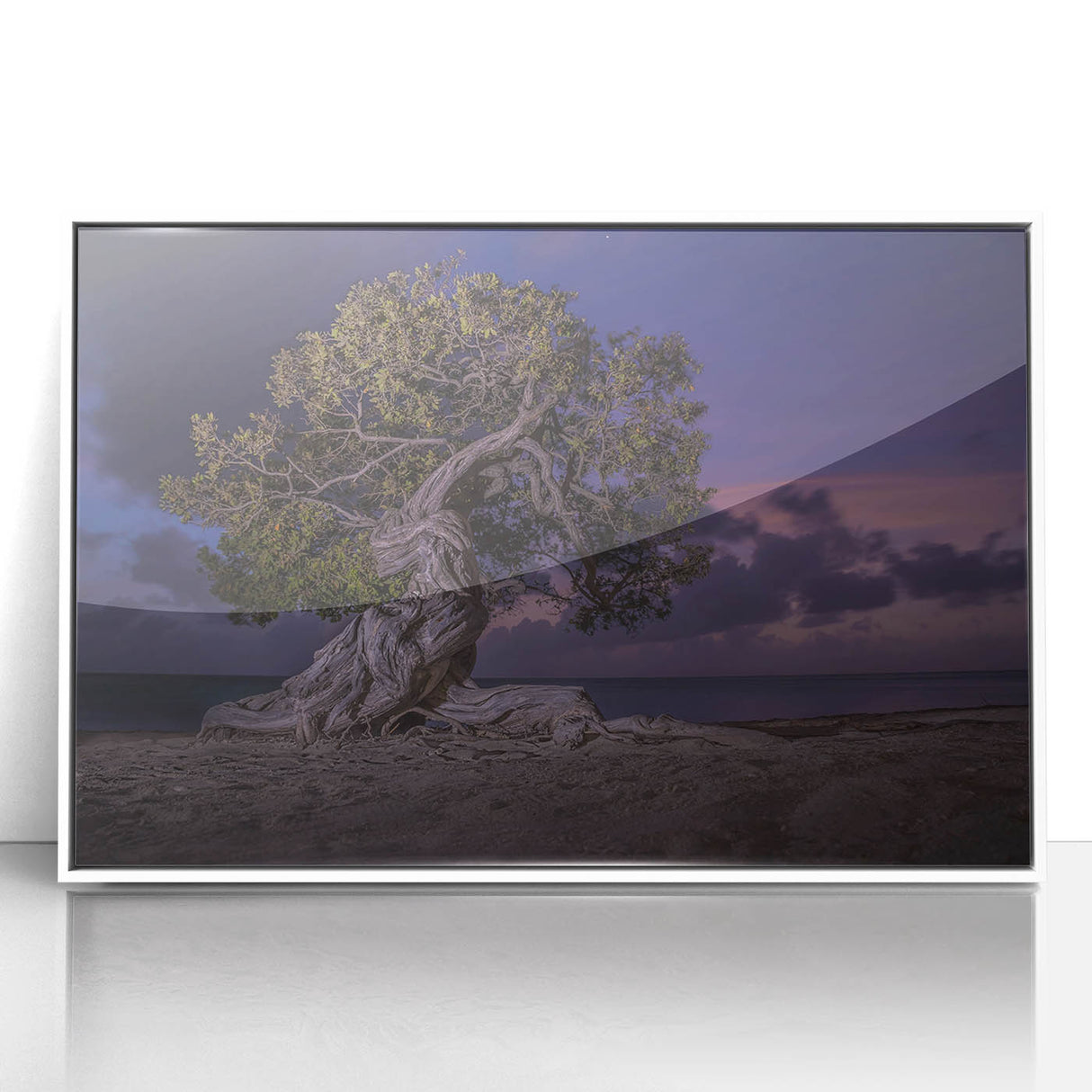 Mid-century modernist art depicting a Caribbean scenery on a white-framed acrylic print, ideal for nursery wall art.