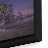 Close-up of a framed canvas featuring a textured Caribbean Aruba scenery in vibrant colors.